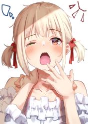 Rule 34 | 1girl, ;o, absurdres, blonde hair, blush, collarbone, frilled shirt, frills, hand on own neck, hand to own mouth, highres, lycoris recoil, nishikigi chisato, one eye closed, open mouth, red eyes, shirt, short hair, short twintails, sleepy, starkamisan, tearing up, twintails, upper body, white background, white shirt, yawning