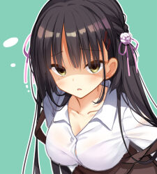 Rule 34 | 1girl, angry, black hair, bra visible through clothes, braid, breasts, brown skirt, cafe stella to shinigami no chou, cariboy, cleavage, collar, collarbone, earrings, eyebrows hidden by hair, eyelashes, flower, fringe trim, frown, furrowed brow, glaring, green background, hair between eyes, hair flower, hair ornament, hair ribbon, hair strand, hairpin, jewelry, large breasts, leaning forward, long hair, looking at viewer, mole, mole under eye, multiple hairpins, open mouth, purple ribbon, ribbon, shaded face, shiki natsume, shirt, side braid, sidelocks, simple background, skirt, solo, standing, straight hair, stud earrings, white collar, white flower, white shirt, yellow eyes, yuzu-soft
