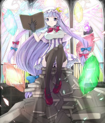 Rule 34 | 1girl, bad id, bad pixiv id, black thighhighs, book, breasts, crescent, crescent moon, crystal, female focus, full body, gloves, hat, indoors, light rays, long hair, looking at viewer, minatsuki randoseru, moon, patchouli knowledge, purple eyes, purple hair, robe, sitting, solo, stained glass, striped, sunbeam, sunlight, thighhighs, touhou