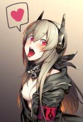 Rule 34 | 1girl, armband, bandana, breasts, cleavage, commentary request, girls&#039; frontline, grey hair, h kasei, heart, jacket, long hair, looking at viewer, m4 sopmod ii (girls&#039; frontline), multicolored hair, open clothes, open mouth, red eyes, simple background, solo, spoken heart, streaked hair, tongue, tongue out, unzipped