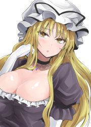 Rule 34 | 1girl, black choker, black ribbon, blonde hair, blush, breasts, choker, cleavage, collarbone, colored eyelashes, commentary request, dress, elbow gloves, frills, gloves, hand up, hat, hat ribbon, head tilt, highres, large breasts, lips, long hair, looking at viewer, mob cap, parted lips, pink lips, puffy short sleeves, puffy sleeves, purple dress, ribbon, shiny skin, short sleeves, sidelocks, simple background, solo, touhou, upper body, white background, white gloves, white hat, y2, yakumo yukari, yellow eyes