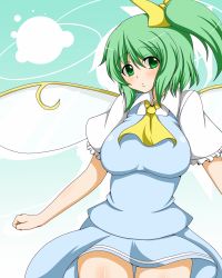 Rule 34 | 1girl, ascot, blush, bow, breasts, daiyousei, embodiment of scarlet devil, fairy, female focus, gradient background, green eyes, green hair, hair bow, large breasts, matching hair/eyes, short hair, side ponytail, solo, touhou, wings, zefyu