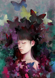 Rule 34 | black hair, bug, butterfly, closed eyes, insect, long hair, nenashi, original, realistic, solo