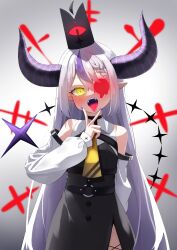 Rule 34 | absurdres, ahoge, ascot, bare shoulders, black horns, braid, braided bangs, collar, detached sleeves, grey hair, highres, hololive, horns, kamaboko (kmm15a), la+ darknesss, la+ darknesss (1st costume), metal collar, multicolored hair, one eye covered, pointy ears, purple hair, streaked hair, striped horns, tongue, tongue out, virtual youtuber, yellow eyes