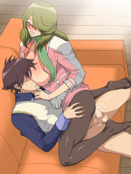 Rule 34 | 1girl, blush, breast press, breasts, breasts out, censored, chousoku henkei gyrozetter, clenched teeth, cowgirl position, cum, cum in pussy, ejaculation, closed eyes, feet, girl on top, glasses, greco roman (spiral brain), green hair, hayami shunsuke, highres, large breasts, legs, long hair, no shoes, open clothes, pantyhose, penis, scarf, sex, short hair, shoudou kotoha, sitting, sitting on person, straddling, sweat, teeth, thighs, toes, vaginal
