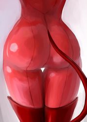 Rule 34 | 1girl, ass, ass focus, bodysuit, boots, daydarion, fake tail, from behind, highres, latex, monochrome, persona, persona 5, red bodysuit, red footwear, red theme, shiny clothes, simple background, solo, tail, takamaki anne, thigh boots, thigh gap, thighhighs