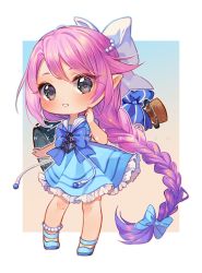 Rule 34 | 1girl, anchor, blue bow, blue dress, blue footwear, blush, bottle, bow, braid, chibi, commentary, commission, dress, english commentary, frilled dress, frills, full body, gradient hair, grey eyes, hair bow, hyanna-natsu, long hair, multicolored hair, original, parted lips, pearl anklet, pink hair, pleated dress, puffy short sleeves, puffy sleeves, purple hair, sailor collar, sailor dress, shoes, short sleeves, single braid, solo, standing, very long hair, white bow, white sailor collar