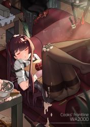 Rule 34 | 1girl, absurdres, apron, b:ga, bad id, bad pixiv id, black pantyhose, black skirt, blush, box, breasts, burning, character name, couch, cream, fire, food on body, gift, girls&#039; frontline, hair ribbon, half updo, heart-shaped box, highres, holding, holding gift, knife, large breasts, legs up, long hair, messy room, mixing bowl, necktie, no shoes, one side up, open mouth, panties, panties under pantyhose, pantyhose, purple hair, ribbon, shirt, skirt, sleeping, solo, spill, thighband pantyhose, underwear, very long hair, wa2000 (girls&#039; frontline), whisk, white panties