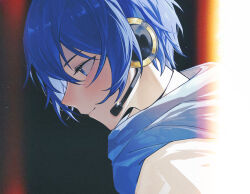 Rule 34 | 1boy, blue eyes, blue hair, blue scarf, blush, commentary, dark background, eyelashes, from side, hair between eyes, headphones, kaito (vocaloid), looking down, male focus, profile, scarf, short hair, smile, solo, symbol-only commentary, vocaloid, zhou huan (dgpe2833)