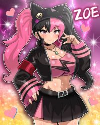 Rule 34 | 1girl, absurdres, animal ears, armband, beanie, black choker, black hair, black hat, black jacket, black nails, black skirt, breasts, cat ears, character name, choker, crop top, cropped jacket, curvy, hand on own hip, hat, highres, hitokiwa kenchin, jacket, jewelry, large breasts, long hair, looking at viewer, miniskirt, multicolored hair, navel, necklace, open clothes, open jacket, palworld, pink eyes, pink hair, pink shirt, red armband, shirt, skirt, smile, solo, twintails, two-tone hair, very long hair, zoe rayne