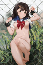Rule 34 | 1girl, arms up, bdsm, blush, bondage, bondage cuffs, bottomless, bound, bound wrists, breasts, breasts apart, brown eyes, brown hair, chain, chain-link fence, closed mouth, clothes lift, cuffs, day, dot nose, exhibitionism, eyebrows, female focus, fence, grass, highres, kai-o, looking at viewer, looking to the side, medium breasts, medium hair, navel, neck ribbon, nipples, original, outdoors, public indecency, red ribbon, restrained, ribbon, sailor collar, school uniform, serafuku, shirt, shirt lift, short sleeves, solo, standing, standing on one leg, sweat, toes, wavy hair, white shirt