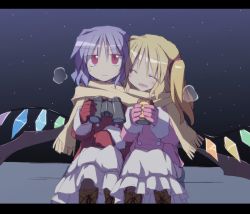 Rule 34 | 2girls, :d, ^ ^, bat wings, binoculars, blonde hair, blue hair, blush, boots, breath, can, closed eyes, closed eyes, female focus, flandre scarlet, gloves, letterboxed, low wings, multiple girls, night, no headwear, no headwear, open mouth, pantyhose, red eyes, remilia scarlet, satou kibi, scarf, shared clothes, shared scarf, siblings, side ponytail, sisters, sitting, sketch, sky, smile, star (sky), starry sky, sweatdrop, touhou, wings