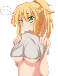 Rule 34 | 1girl, blonde hair, blush, breasts, cleavage, clothes lift, fate/apocrypha, fate (series), green eyes, highres, large breasts, mordred (fate), mordred (fate/apocrypha), ponytail, riichi (yamataku0), shirt lift, solo, underboob, white background