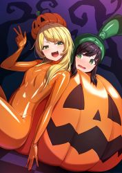 Rule 34 | 2girls, :d, blonde hair, blush, bodysuit, breasts, brown eyes, commentary request, fang, green eyes, halloween, halloween costume, highres, jack-o&#039;-lantern, latex, latex bodysuit, looking at viewer, multiple girls, open mouth, original, pumpkin hat, purinpu, shiny clothes, skin tight, small breasts, smile, v