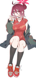 Rule 34 | 1girl, antenna hair, black socks, blue archive, breasts, devilmaguro, dress, drink, drinking straw, full body, green jacket, halo, highres, holding, holding drink, jacket, large breasts, long hair, long sleeves, looking at viewer, open clothes, open jacket, open mouth, red dress, red eyes, red footwear, red hair, red halo, reijo (blue archive), shoes, simple background, socks, solo, white background