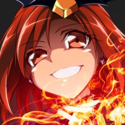 Rule 34 | 10s, 1girl, bad end precure, bad end sunny, close-up, dam-miyuki, dark persona, fingerless gloves, fire, gloves, grin, looking at viewer, matching hair/eyes, orange eyes, orange hair, precure, smile, smile precure!, solo, tiara