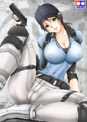 Rule 34 | 1girl, belt, beretta px4 storm, boots, brand name imitation, breasts, brown hair, cameltoe, cleavage, covered erect nipples, female focus, fingerless gloves, gloves, green eyes, gun, handgun, hat, headset, huge breasts, jill valentine, knee pads, large breasts, lips, long hair, pants, pistol, ponytail, resident evil, resident evil 5, semi-automatic firearm, sitting, size hermitage, skin tight, solo, tamiya incorporated, trigger discipline, unzipped, weapon