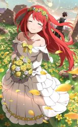 Rule 34 | 1boy, 1girl, bare shoulders, blush, bouquet, bow, breasts, bride, brown hair, dress, dress bow, flower, flower wreath, full body, head wreath, highres, holding, holding bouquet, long hair, long sleeves, medium breasts, official alternate costume, official art, outdoors, petals, re:zero kara hajimeru isekai seikatsu, re:zero kara hajimeru isekai seikatsu: lost in memories, red hair, rose, smile, theresia van astrea, two side up, wedding dress, white dress, white flower, white rose, wilhelm (re:zero), yellow bow, yellow flower, yellow rose