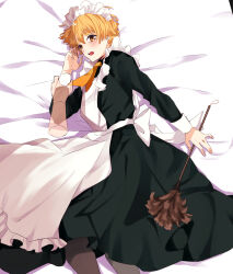 1boy absurdres agatsuma_zenitsu apron bed black_dress black_pantyhose blonde_hair commentary_request crossdressing disembodied_hand dress duster highres holding holding_duster kimetsu_no_yaiba long_dress lying maid maid_apron maid_headdress male_focus on_side open_mouth pantyhose solo tears yellow_eyes yumeniku