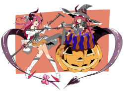 Rule 34 | 10s, 2girls, :d, dual persona, elizabeth bathory (fate), elizabeth bathory (fate/extra ccc), elizabeth bathory (fate/grand order), elizabeth bathory (halloween caster) (fate), elizabeth bathory (second ascension) (fate), fang, fate/extra, fate/extra ccc, fate/grand order, fate (series), green eyes, hair ribbon, halloween, halloween costume, halloween elizabeth (fate/grand order), hat, highres, horns, jack-o&#039;-lantern, microphone stand, mochichimochi, multiple girls, open mouth, pink hair, pumpkin, ribbon, smile, tail, witch hat