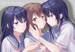 Rule 34 | 3girls, blue sailor collar, blush, brown eyes, brown hair, closed mouth, embarrassed, expressionless, fufu 060211, hand on another&#039;s face, hand up, hibike! euphonium, highres, holding hands, kitauji high school uniform, kousaka reina, long hair, looking at another, multiple girls, neckerchief, oumae kumiko, pink neckerchief, purple eyes, purple hair, sailor collar, school uniform, serafuku, shirt, short hair, short sleeves, string, string of fate, white shirt