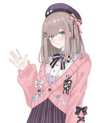 Rule 34 | 0-toki, 1girl, :3, blue bow, blue eyes, blush, bow, brooch, brown hair, buttons, cardigan, closed mouth, emblem, food-themed ornament, hair between eyes, hair ornament, hat, hat bow, heart, highres, jewelry, long sleeves, looking at viewer, medium hair, nijisanji, pink bow, pink cardigan, purple hat, ring, shirt, simple background, skirt, solo, striped clothes, striped skirt, suzuhara lulu, suzuhara lulu (1st costume), upper body, vertical-striped clothes, vertical-striped skirt, virtual youtuber, waving, white background, white bow, white shirt