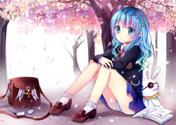 Rule 34 | 1girl, black jacket, blue eyes, blue hair, blue skirt, book, cherry blossoms, crossed arms, date a live, day, green hair, gyaza, jacket, long hair, miniskirt, multicolored hair, neck ribbon, open book, outdoors, panties, pantyshot, pleated skirt, red ribbon, ribbon, sitting, skirt, smile, socks, solo, striped clothes, striped panties, tree, two-tone hair, underwear, unworn eyewear, white socks, yoshino (date a live), yoshinon