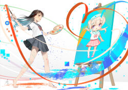 Rule 34 | 2girls, aqua hair, arm up, bare legs, barefoot, blonde hair, bow, bowtie, brown hair, collared shirt, easel, full body, grey background, grey eyes, grey skirt, hands up, heel up, holding, legs, long hair, looking to the side, miniskirt, mizo-chan (yamahara), multicolored hair, multiple girls, open mouth, original, paintbrush, pink bow, pink bowtie, pink skirt, pleated skirt, purple eyes, red bow, red bowtie, school uniform, shadow, shirt, short sleeves, signature, skirt, standing, streaked hair, toes, twintails, white shirt, yamahara