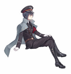 Rule 34 | 1boy, armband, belt, black footwear, black jacket, black pants, blue hair, blue jacket, boots, breast pocket, buttons, closed mouth, crossed legs, fhalei, full body, gloves, hair between eyes, hat, high collar, jacket, jacket on shoulders, long sleeves, looking at viewer, male focus, military, military hat, military uniform, pants, pocket, red eyes, simple background, sitting, smile, solo, uniform, white background, white gloves