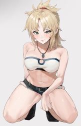 Rule 34 | 1girl, absurdres, bare shoulders, belt, blonde hair, blush, boots, breasts, cleavage, collarbone, fate (series), green eyes, hair ornament, hair scrunchie, highres, jewelry, kataku musou, kneeling, long hair, looking at viewer, medium breasts, mordred (fate), navel, necklace, ponytail, red scrunchie, scrunchie, short shorts, shorts, sidelocks, simple background, smile, solo