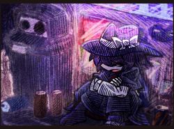 Rule 34 | bow, can, crossed arms, curled up, fedora, fetal position, garbage, hat, light, open mouth, sad, sign, sitting, suenari (peace), touhou, usami renko