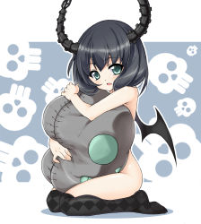 Rule 34 | 10s, 1girl, bat wings, black rock shooter, dead master, fang, highres, horns, hug, mushi024, nude, hugging object, pillow, pillow hug, sitting, smile, solo, thighhighs, thighs, wariza, wings
