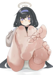 Rule 34 | 1girl, absurdres, ass, bare legs, barefoot, black hair, black undershirt, blue archive, blue eyes, blue hairband, blush, cardigan, closed mouth, feet, foot focus, foreshortening, hairband, halo, highres, jewelry, kilabo, long hair, looking at viewer, low twintails, necklace, no shoes, panties, sailor collar, school uniform, serafuku, simple background, soles, solo, striped clothes, striped hairband, sweat, sweatdrop, toes, turtleneck, twintails, ui (blue archive), underwear, unworn legwear, white background, white panties, white sailor collar, white serafuku