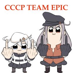 Rule 34 | 2girls, belt, bkub (style), black gloves, boots, cssvdwa2000, double middle finger, flat cap, gangut (kancolle), gloves, grey hair, hammer and sickle, hat, hibiki (kancolle), kantai collection, long hair, middle finger, multiple girls, pantyhose, pleated skirt, poptepipic, red eyes, red shirt, shirt, simple background, skirt, verniy (kancolle), white gloves, white hair, white headwear