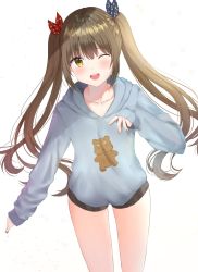 Rule 34 | 1girl, ;d, bad id, bad pixiv id, black ribbon, black shorts, blue hoodie, blush, brown eyes, brown hair, commentary, fingernails, hair between eyes, hair ribbon, highres, hood, hood down, hoodie, kubong, long hair, long sleeves, looking at viewer, nail art, one eye closed, open mouth, original, polka dot, polka dot ribbon, red ribbon, ribbon, short shorts, shorts, simple background, sleeves past wrists, smile, solo, star (symbol), symbol-only commentary, twintails, very long hair, white background