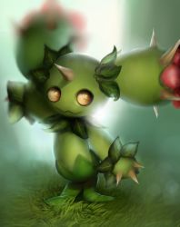 Rule 34 | 10s, creatures (company), flower, full body, game freak, gen 5 pokemon, grass, highres, horns, maractus, mystical, nintendo, no humans, open mouth, outdoors, pokemon, pokemon (creature), pokemon bw, single horn, smile, thorns, yellow eyes