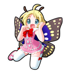 Rule 34 | 1boy, antennae, fairy, full body, insect wings, kitsupon, male focus, mary janes, pink footwear, shimon (shimotsuma), shimotsuma, shoes, simple background, solo, thighhighs, trap, white background, wings