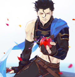 Rule 34 | 1boy, apple, armor, bang (gesture), belt, blue scarf, diarmuid ua duibhne (saber) (fate), elle shengxuan shi, fate/grand order, fate (series), finger gun, food, fruit, gloves, highres, holding, holding food, incoming food, male focus, midriff, one eye closed, petals, scarf, shoulder pads, single bare shoulder, smile, solo focus, yellow eyes