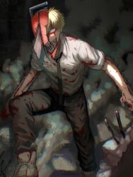 Rule 34 | 1boy, black necktie, black pants, blonde hair, blood, blood on arm, blood on clothes, blood on face, broken mask, chainsaw, chainsaw man, collared shirt, denji (chainsaw man), highres, kota 2kx, looking at viewer, male focus, mask, necktie, open mouth, pants, rebar, rubble, sharp teeth, shirt, shirt tucked in, short hair, sleeves rolled up, smile, smoke, solo, teeth, white shirt