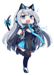 Rule 34 | 1girl, animal ear headphones, animal ears, black dress, black gloves, blue bow, blue eyes, blush, bow, cat ear headphones, cat tail, character name, chibi, cleavage cutout, clothing cutout, detached sleeves, dress, fake animal ears, gloves, grey hair, headphones, highres, long hair, open mouth, original, restya, shirasu uni, smile, solo, standing, standing on one leg, tail, tail bow, tail ornament, thighhighs, very long hair, white background