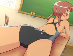 Rule 34 | 1girl, ass, blue eyes, blush, brown hair, chair, chalkboard, dark skin, dark-skinned female, desk, female focus, lying, on stomach, one-piece swimsuit, solo, swimsuit, table, tomboo, twintails
