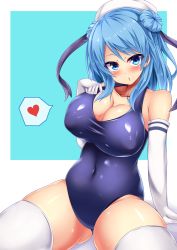 Rule 34 | 10s, 1girl, :o, arm at side, arm support, blue eyes, blue hair, blue one-piece swimsuit, blush, breasts, cleavage, covered navel, cowboy shot, double bun, elbow gloves, eyebrows, gloves, gluteal fold, hair bun, hat, heart, kantai collection, large breasts, long hair, looking at viewer, matching hair/eyes, one-piece swimsuit, shiny clothes, skindentation, solo, spoken heart, swept bangs, swimsuit, thighhighs, urakaze (kancolle), white gloves, white hat, white thighhighs, yahiro (anhnw)