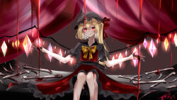 Rule 34 | 1girl, 72mikan 1687, absurdres, alternate color, back bow, black bow, black hat, black shirt, blonde hair, blood, blood drip, blood on clothes, blood on hands, blood on leg, blood splatter, blush, bone, bow, bright pupils, brown background, closed mouth, commentary, crystal, dark, dark persona, feet out of frame, flandre day, flandre scarlet, frilled shirt collar, frilled skirt, frilled sleeves, frills, gloves, glowing, glowing crystal, glowing eyes, glowing wings, hair between eyes, half gloves, hat, hat ribbon, highres, indoors, long hair, looking at viewer, mob cap, multicolored wings, puffy short sleeves, puffy sleeves, red eyes, red ribbon, red skirt, red vest, ribbon, shirt, short sleeves, side ponytail, signature, simple background, sitting, skirt, slit pupils, smile, solo, touhou, vest, w arms, white pupils, wings, yellow bow