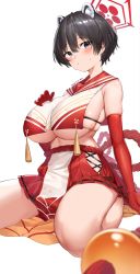 Rule 34 | 1girl, absurdres, animal ears, bare shoulders, black eyes, black hair, blue archive, blush, breasts, elbow gloves, gaosu gong lu, gloves, halo, highres, large breasts, looking at viewer, miniskirt, raccoon ears, red gloves, red sailor collar, red skirt, rope belt, sailor collar, short hair, sideless outfit, skirt, solo, tabard, thighs, tsubaki (blue archive)