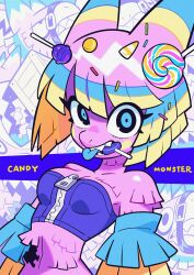 Rule 34 | 1girl, animal nose, bare shoulders, blair (nelnal), blue eyes, candy, crop top, english text, food, highres, lollipop, looking at viewer, multicolored hair, nelnal, original, personification, pinata, sharp teeth, strapless, swirl lollipop, teeth, tongue, tongue out, upper body, zipper, zipper pull tab
