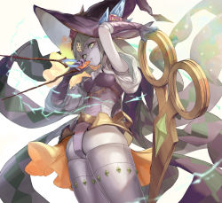 Rule 34 | 1girl, arm up, breasts, colored skin, doll joints, duel monster, facial mark, forehead mark, green eyes, grey hair, hand up, hat, holding, holding wand, joints, medium breasts, scissors, taba comya, wand, wide sleeves, witch hat, witchcrafter golem aruru, yu-gi-oh!