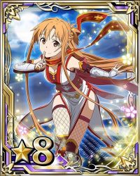 Rule 34 | 10s, 1girl, asuna (sao), breasts, brown eyes, brown hair, card (medium), china dress, chinese clothes, cleavage, detached sleeves, dress, finger to mouth, fishnet thighhighs, fishnets, index finger raised, kuji-in, long hair, looking at viewer, matching hair/eyes, medium breasts, ninja, scarf, smile, solo, star (symbol), sword art online, thighhighs