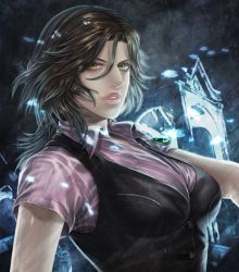Rule 34 | 1girl, breasts, brown hair, buttons, female focus, helena harper, jewelry, large breasts, lips, necklace, pendant, resident evil, resident evil 6, solo, vest, winter (winter168883)