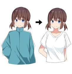 Rule 34 | 1girl, arm at side, arm behind back, arrow (symbol), blue eyes, blue jacket, blush, brown hair, closed mouth, collared jacket, cropped torso, dot nose, highres, jacket, keito4f, looking at viewer, original, shirt, short hair, short sleeves, short twintails, simple background, smile, striped clothes, striped jacket, t-shirt, track jacket, twintails, variations, white background, white shirt