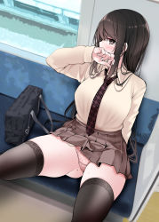 Rule 34 | 1girl, ass, bag, black thighhighs, blush, breasts, brown eyes, brown hair, highres, large breasts, long hair, looking at viewer, mole, mole on ass, nail polish, necktie, oouso, original, panties, pink panties, pleated skirt, school bag, school uniform, sitting, skirt, solo, sweat, thighhighs, train interior, underwear, white nails